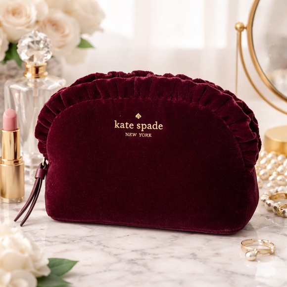 kate spade Handbags - kate spade New York Velvet Ruffle Cosmetic Pouch in Burgundy